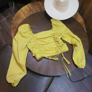 Green Ruched Long-Sleeve Crop Top